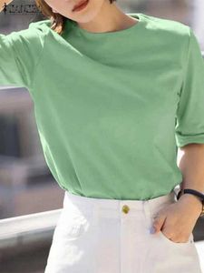 Blouses voor dames shirts zanzea vrouwen rond nek shirts 2024 zomer half slve blouse Koreaanse mode plooien manchet tunieken casual losse basis tops y240601wpkm