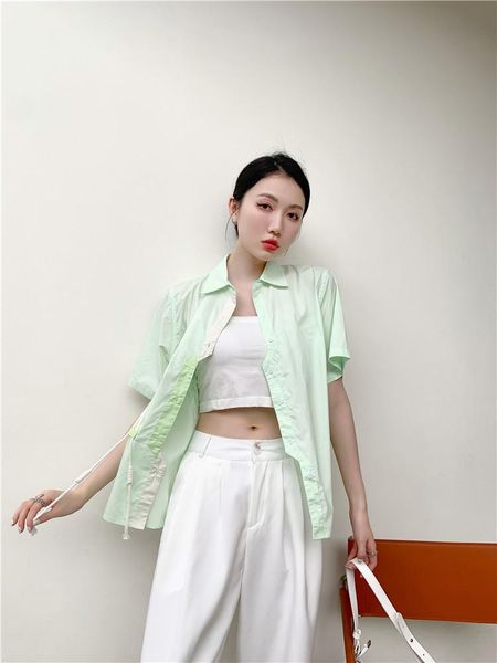 Camisas de blusas para mujeres zcsmll menta verde manga corta para mujeres 2022 diseñador top de verano y botones de blusa camisa con cuello alta moda