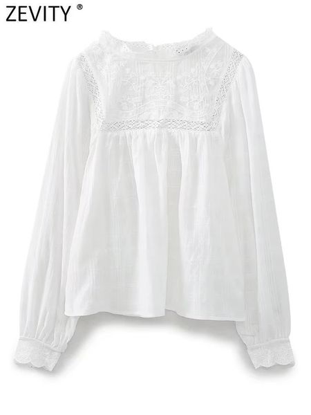 Blouses Femmes Chemises Zevity Femmes Mode Fleur Broderie Dentelle Couture Blanc Smock Blouse Femme À Manches Longues Chemise Décontractée Blusas Chic Tops LS3833 231026