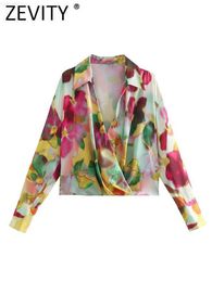 Dames Blouses Shirts Zevity Dames Vintage Ink Painting Bloemenprint Korte smokblouse Femme Kimono-shirt met lange mouwen Chique Rits BlusasTops LS1839 L230712