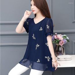 Blouses pour femmes à manches courtes en mousseline de soie Blouse femmes 2023 été femmes hauts et grande taille Blusas mode coréenne chemises bleu noir 6XL