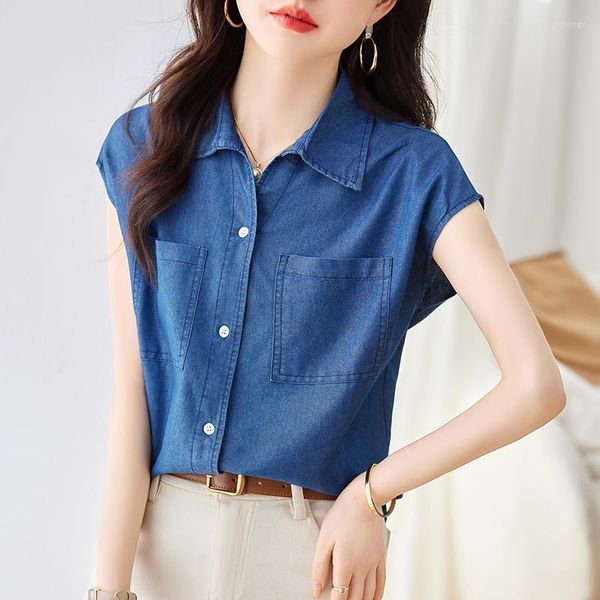 Chemisiers pour femmes chemise en jean à manches courtes poches de Style coréen boutonné Jean veste dames Vintage col rabattu Blouse