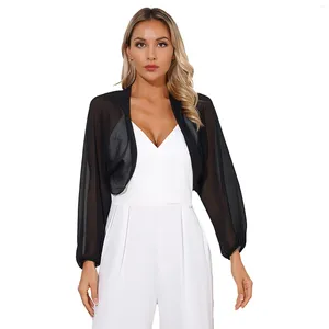 Blouses pour femmes haussement d'épaules en mousseline de soie à manches longues ouvert sur le devant boléro cardigan été chemisier transparent vêtements d'extérieur châle cape chemise hauts solide