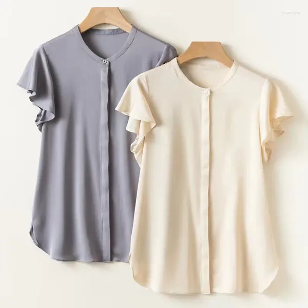 Blouses pour femmes Mélange de soie Femmes Blouse à col rond à manches courtes à manches papillon Chemise élégante et haut à simple boutonnage pour le printemps et l'été