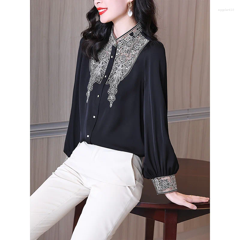Women's Blouses Silk Blouse Women High End Embroidery Black Shirts For Fashion Temperament Long Sleeved Tops Clothing Blusas Mujer