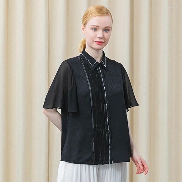 Blouses pour femmes Jacquard de soie mystérieux noir col polo feuille de lotus manches courtes couture Georgette asymétrique Ol chemise mûre légère BE662