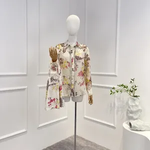 Blusas de mujer de lino de seda de alta calidad llegadas 2023 blusa informal de manga larga con estampado Floral Vintage de diamantes para mujer