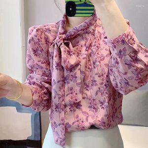 Blusas para mujeres Rosa de seda y camisa floral púrpura 2024 Top de manga larga de encaje de primavera para mujeres