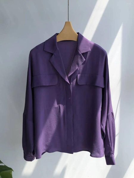 Blusas de mujer blusa de seda púrpura suave para damas de muesca vintage francesa camisa elegante de un solo pecho