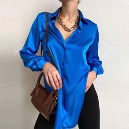 Chemisiers pour femmes Chemise en soie Lâche boutonné vers le bas Chemises Noir Hauts à la mode Satin Femme Col polo Office Lady Blouse Vintage Bleu