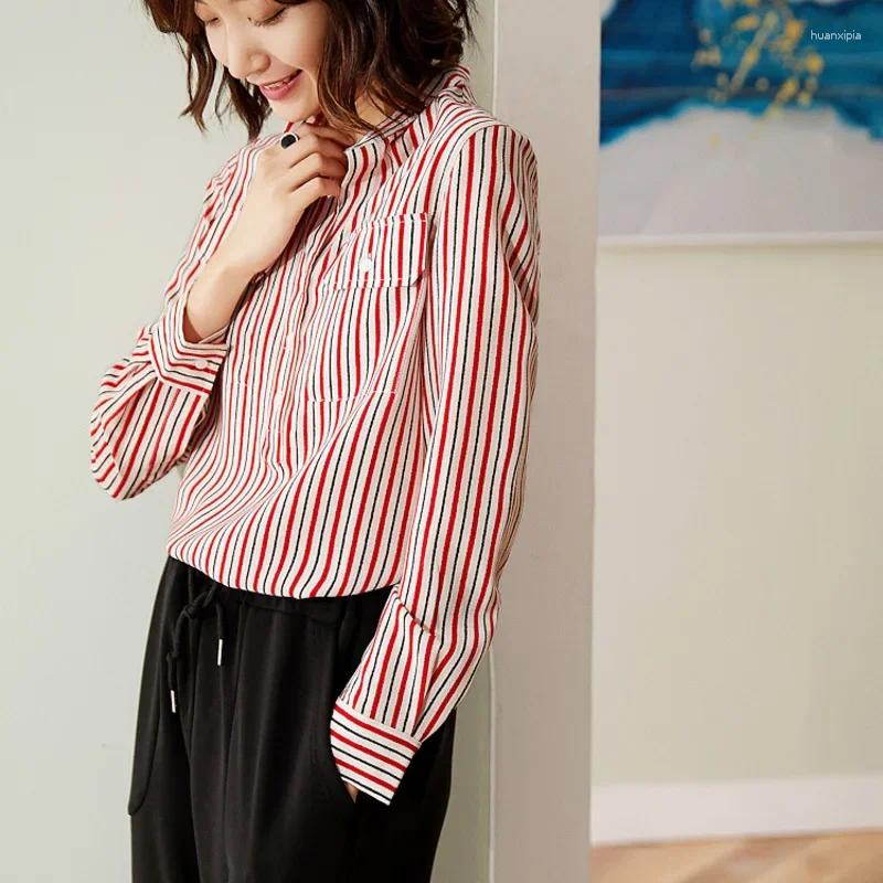 Women's Blouses Silk Shirt Pocket Red Vertical Stripe Top Women S Long Sleeve Casual Mulberry Ol