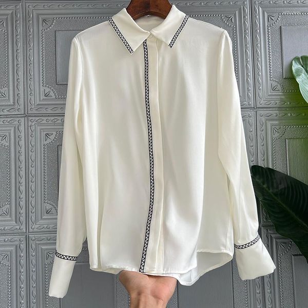 Blusas de mujer camisa de seda blanca de manga larga de morera cuello alto suelta Top primavera otoño 2023