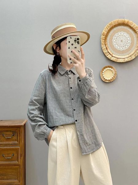 Blusas de mujer Ropa con estilo simple 2024 Mujeres Japón Estilo Casual Gris Hilo de algodón a rayas para tops