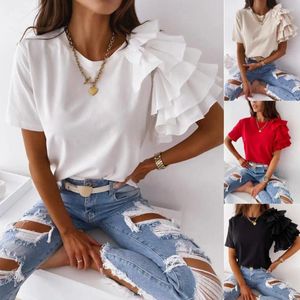 Blouses pour femmes T-shirt simple couleur unie femmes manches courtes à volants chemisier élégant pour le travail