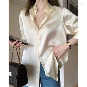 Damesblouses Eenvoudig maar toch chic Satijnen overhemden Effen kleur Dames overhemd met knopen, elegant en veelzijdig in Franse stijl