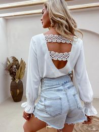 Women's Blousses Simplee Elegant Hollow Out Backless Lace Stitched Chiffon Casual Long Sheeves V-Neck Shirts Office Lady Solid Women Tops