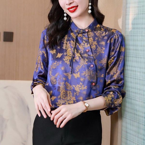 Blouses Femmes Chemise en soie simulée Blouse Femmes 2023 Printemps Haut de gamme Luxe Bouton chinois Top Vintage Jacquard Imitation Femme