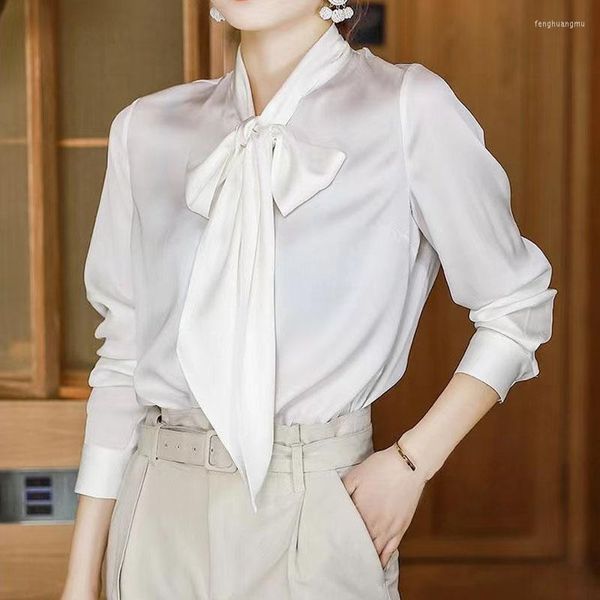 Blouses pour femmes Simulation soie blanc et bleu chemise mode femmes 2023 printemps automne arc bureau décontracté tempérament hauts