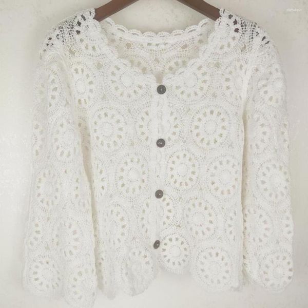 Chemisiers pour femmes Top à simple boutonnage Dame Automne Printemps Élégant Crochet Cardigan Évider Dentelle Tricoté Avec