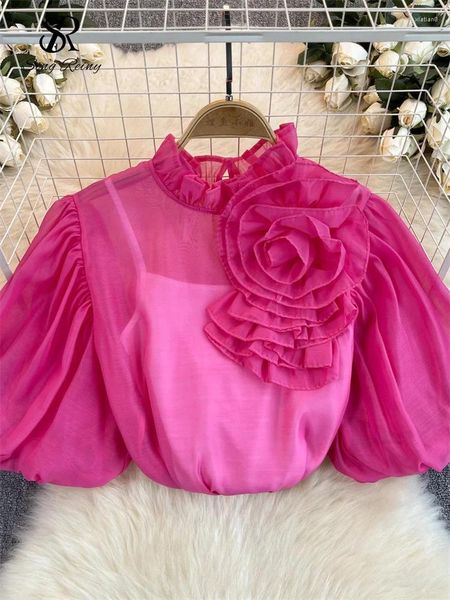 Blusas para mujeres Singreiny Chiffon Chiffon Two Pieces blusa 3d Flower Ruffles Camisa de mangas cortas de hojaldre Fashion Solid Senior Office Lady Summer