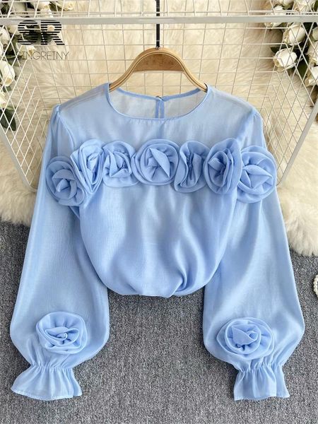 Blusas para mujeres Singreiny Chiffon Ruffles Camisa de mujeres Elegante o Neck Lantern Manga francesa Ladies Transparentes Summer Oldura suelta Casual