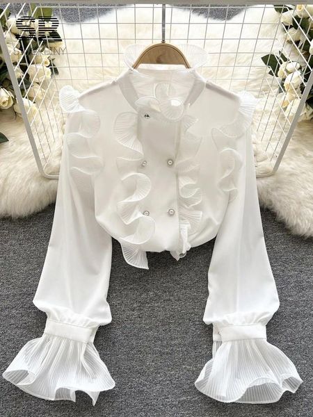 Blouses pour femmes Singreiny Ruffles Court Mariffon Shirt Femme Retro Double Button Flare Sleeve Design Ladies Casual Fashion 2024 Chlouse chic