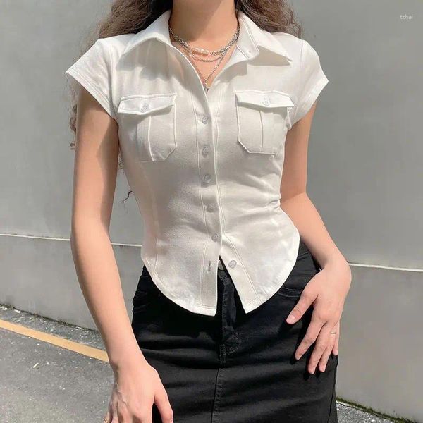 Blouses Femmes Skinny Uniforme Chemises À Manches Courtes Femmes Coréen Col Rabattu Poches T-shirt Blanc Slim Fit Simple Boutonnage OL Femme