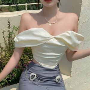 Women's Blouses Slash Neck for Women Solid Slim Sexy Crop Tops Casual Summer Ulzzang Style Chic All-match Daily Tedere Ladies Aesthetic