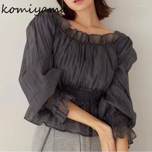 Blouses pour femmes Slash cou épaule dénudée Blusas Mujer manches bouffantes chemises maille tunique froncée Camisas 2024 printemps été hauts japon Ropa