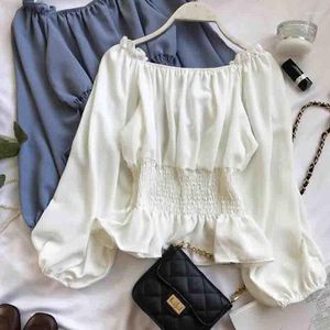 Women's Blouses Slash Neck Off Shoulder Top Chiffon Shirt 2022 Lente herfst Koreaanse lange mouw Ruches White Blouse Blusas vrouwen