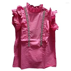 Damesblouses Mouwloos shirt Roze Top Bezaaid Strass Kralen Ruches Patchwork Blouse 2024 Lente Zomer Blusas Mujer