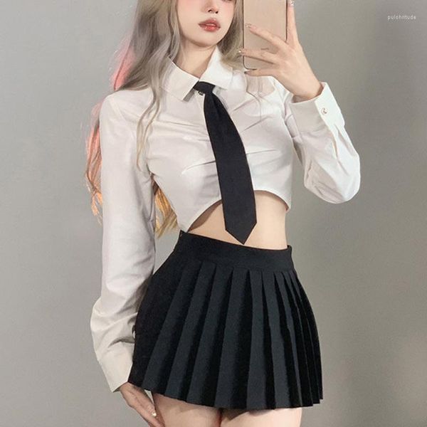 Blusas de mujer Camisa de manga larga con pliegues delgados Cintura alta Camisa de manga larga blanca sexy Y2k Estilo preppy Tops cortos Camisas de verano Corbata Faldas negras plisadas Mujeres