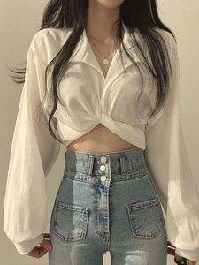 Women's Blouses Slim dunne blouse vrouwen Koreaans chique all-match casual crop tops vrouwelijke zomer terug veter boog ontwerp met lange mouwen kort shirt