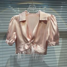 Blusas de mujer Socialite pluma de avestruz borde mercerizado acetato camisa de manga corta mujer dulce blusa rosa Top 2023 verano Blusas femeninas