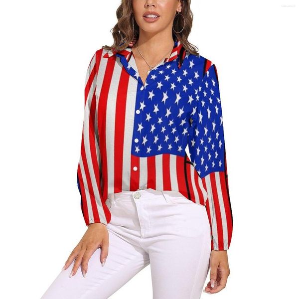 Blusas de mujer Blusa suave con bandera americana Las mujeres celebran EE. UU. Rojo Blanco Azul Moda coreana Camisas bonitas de manga larga sueltas Top de diseño