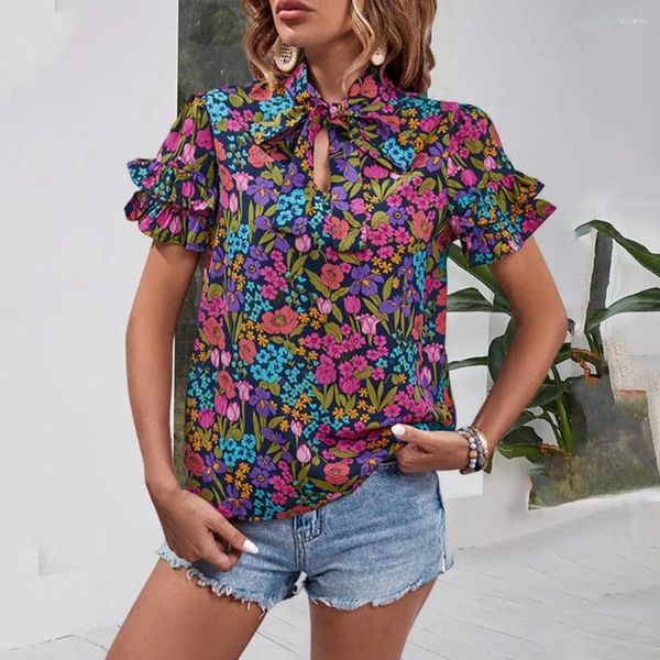 Blusas de mujer Blusa elástica suave Tops elegantes de verano Cuello alto Manga con volantes Camisa con estampado floral étnico para ella