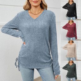 Damesblouses Zachte wollen geribbelde Kintted Henley-shirts Tee Elegante dames Lange mouwen V-hals Truien Winter Warm ondershirt Sexy blouse