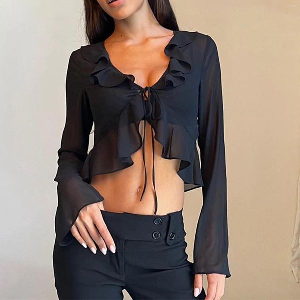 Blusas de mujer, camisa sólida para mujer, blusa transparente de manga larga con borde de oreja de madera con cordones y cuello de pico profundo, blusa de moda para mujer 2023