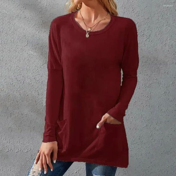 Blusas de mujer Túnica holgada de color sólido Camiseta de manga larga suave y transpirable con bolsillo Top informal de longitud media para primavera y otoño