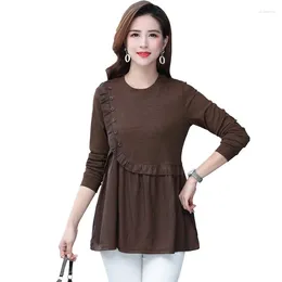 Women's Blouses Solid Color Round Neck Patchwork 2024 Spring en Autumn Midi Lange Mouw Button Ruches Ruched Pullover T-Shirt Tops