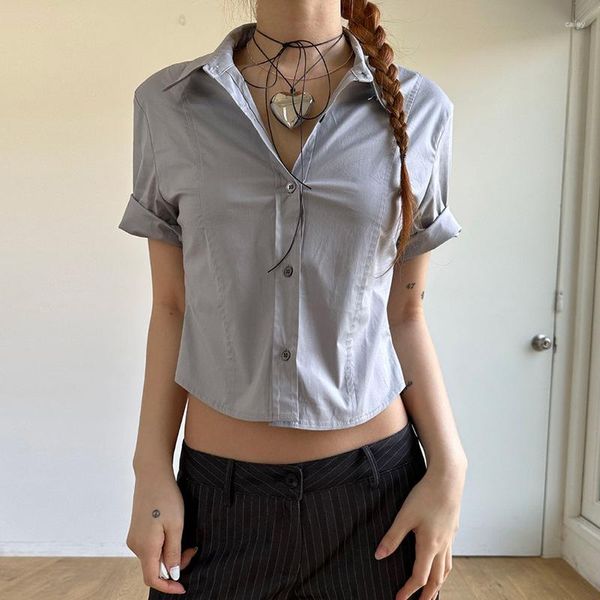 Blusas de mujer Color sólido Verano Slim Satén Solapa Camisa de manga corta Crop Top 2023 Gris S M L