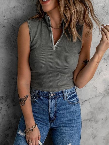 Blusas de mujer de Color sólido de verano con cuello en V y cremallera sin mangas, camisetas sin mangas informales para mujer, camiseta para mujer, camiseta Sexy para Club nocturno, chaleco corto para mujer