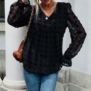 Women's Blouses Solid Color V Hals Loose Summer Woman 2023 Pullover Mesh Lange Mouw Shirt Elegant Youth Camisas Blusas