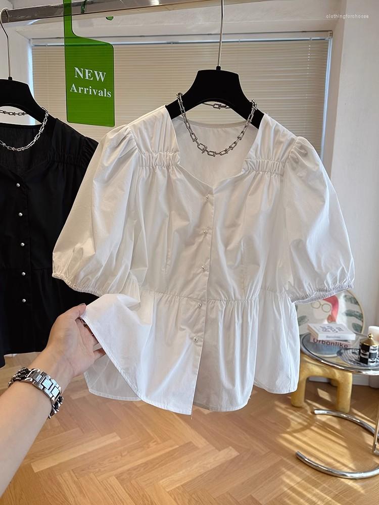 Blusas femininas cor sólida com decote em V elegante camisa feminina 2023 verão manga curta moda coreana chique blusa feminina