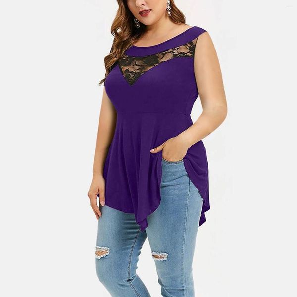 Blouses pour femmes solide dentelle florale chemise hauts vente 2023 grande taille femmes chemises col rond asymétrique sans manches Blouse mince haut décontracté