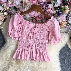 Women's Blouses Solid Franse stijl meisjes korte mouw y2k crop tops 2023 dames mode rood zwart witte sexy vakantie casual blouse