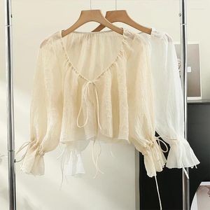 Blouses Femme Chemise solide Haut pour femme Doux Sloose À Lacets Chemisier Lâche Manches Longues Chemises Décontractées Vêtements Pour Dames Camisa Blusas Femininas