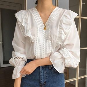 Women's Blouses Solid White White Summer Crop Top Women V Neck High Taille Casual Holiday Tank lange mouwen Loose Fit Chic Tops 2024