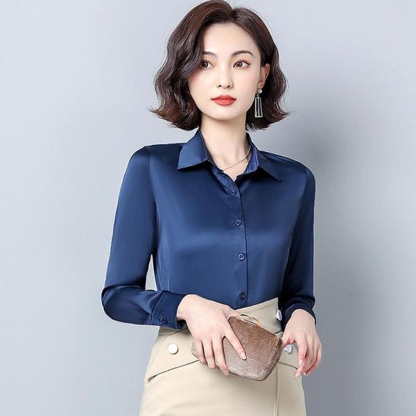 Blouses pour femmes solides femmes à manches longues revers Satin chemises mode printemps Vintage bureau dame hauts formels femme décontracté vêtements de base