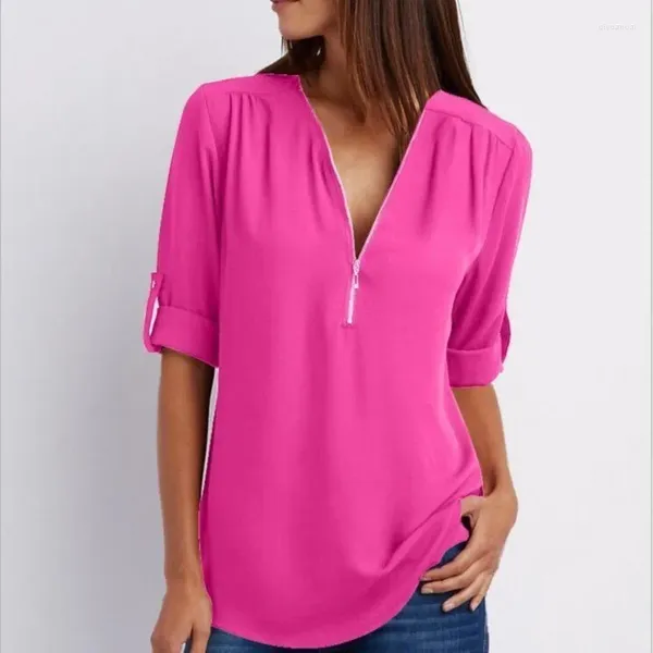 Blouses pour femmes Solide Fermeture Éclair Chemise Lâche À Manches Longues En Mousseline De Soie Haut Blouse Femmes Sexy Col en V Décontracté Chemisier D'été Cadeau